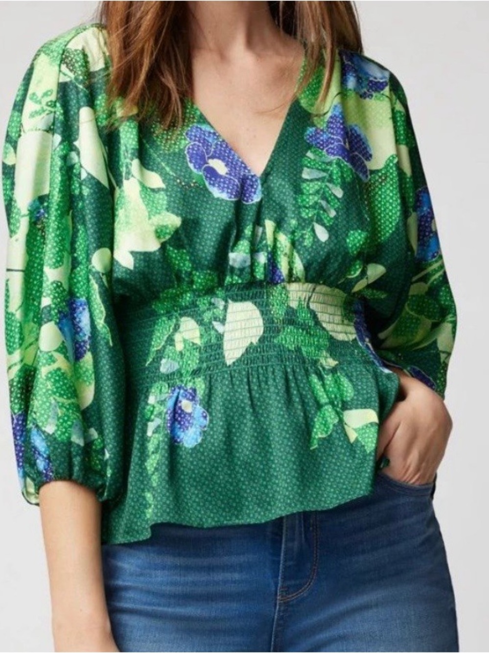 White House Black Market Floral V-Neck Green Blouse with Smocked Waist